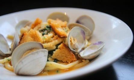 Row 34 in Fort Point.  House made Bucatini with clams and garlic crumbs